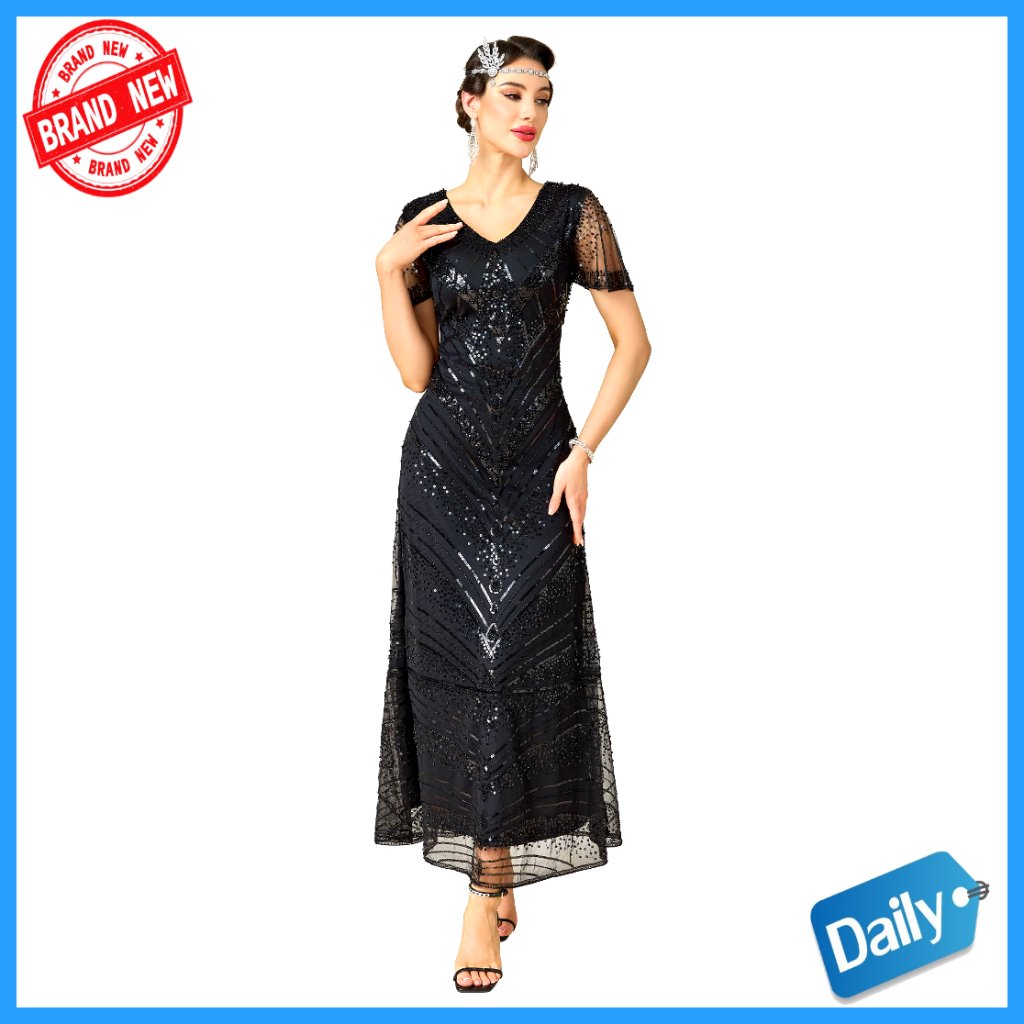 V-Neck Sequin Beaded Maxi Dress For Evening Party Gatsby Theme